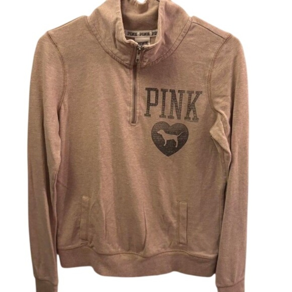 Victorias Secret PINK Quarter Zip Pullover Tan Heather Heart‎ Dog Graphic XS